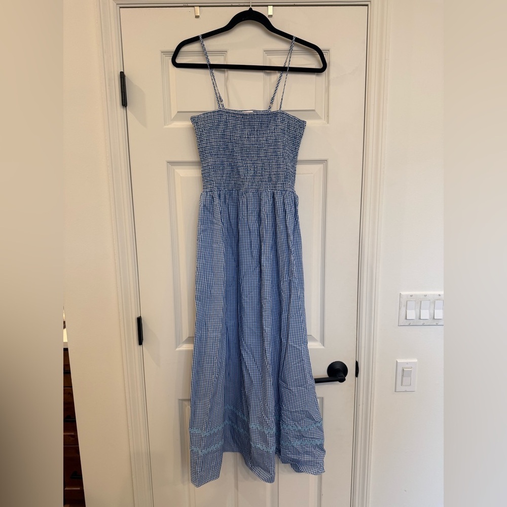 Sail to Sable STS Blue White Gingham RicRac Midi Maxi Smocked Strapless Dress L - Picture 2 of 7